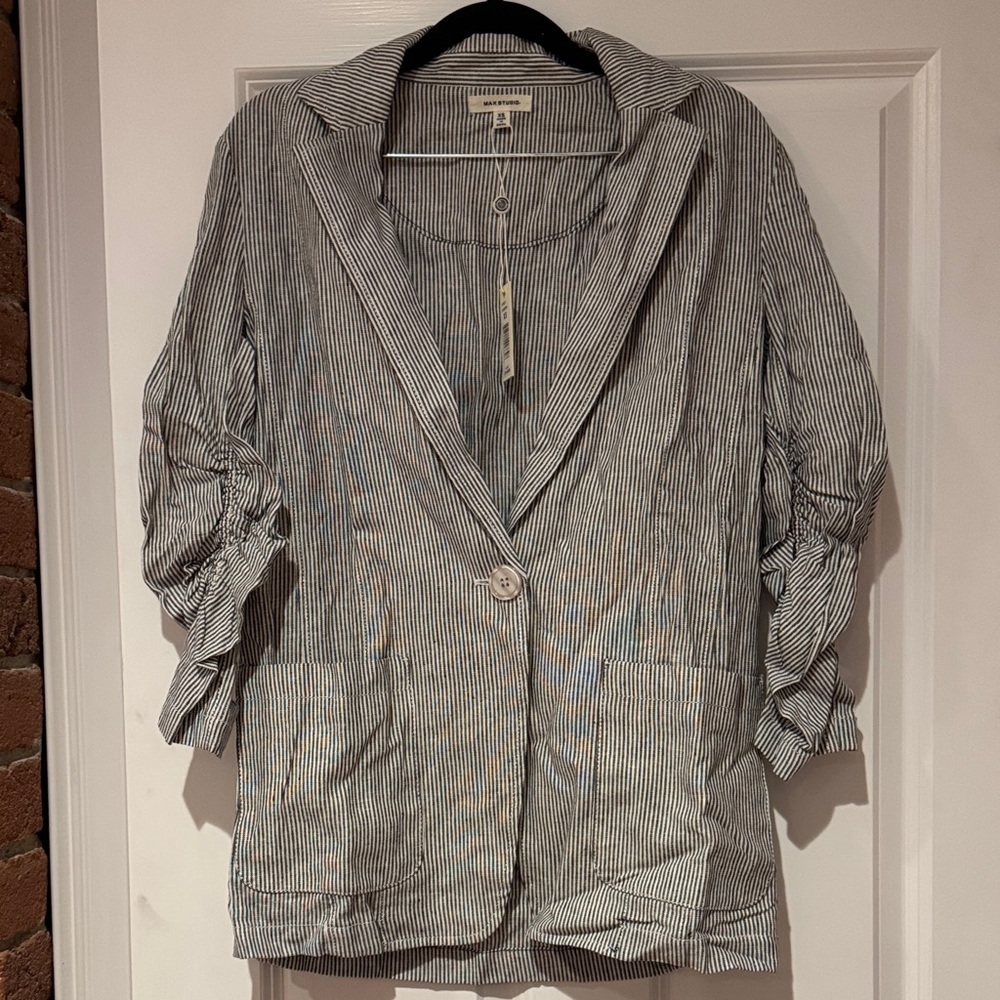 Max Studio Navy and White Linen Pinstripe Blazer